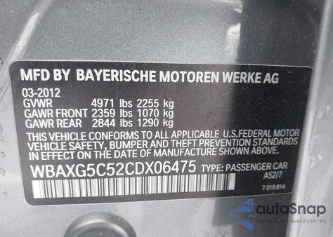 2012 BMW 528I from USA, damaged, VIN WBAXG5C52CDX06475